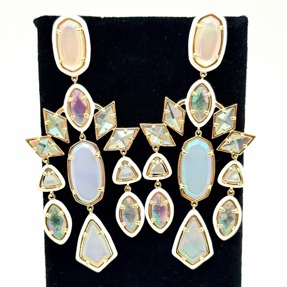 Kendra Scott Luxury Greta Gold Tone Ivory Iridescent Chandelier Earrings $198